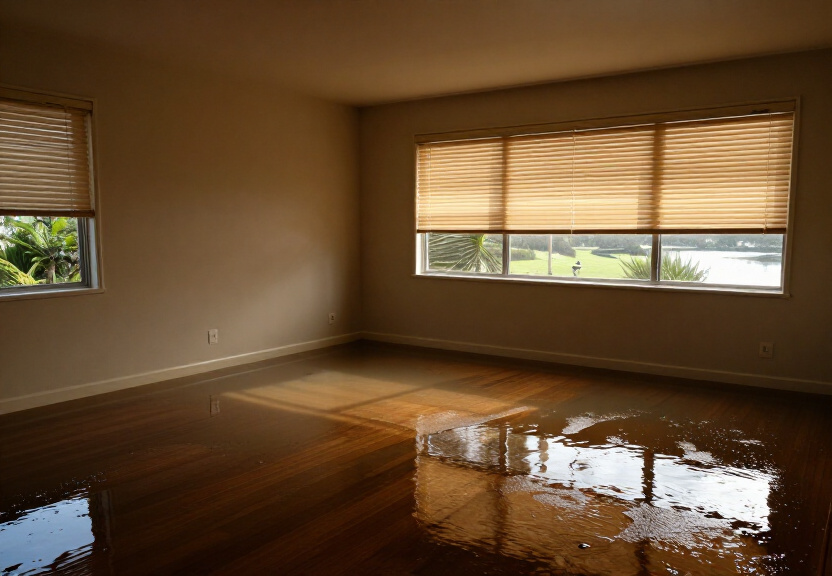 Buckled floorboards in a Girraween living room due to water damage
